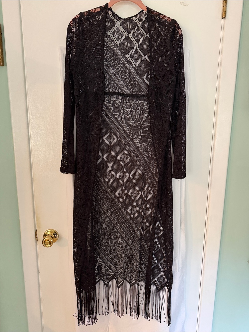 Arden B Sheer Black Crochet Fringe Long Top Coat/Size M